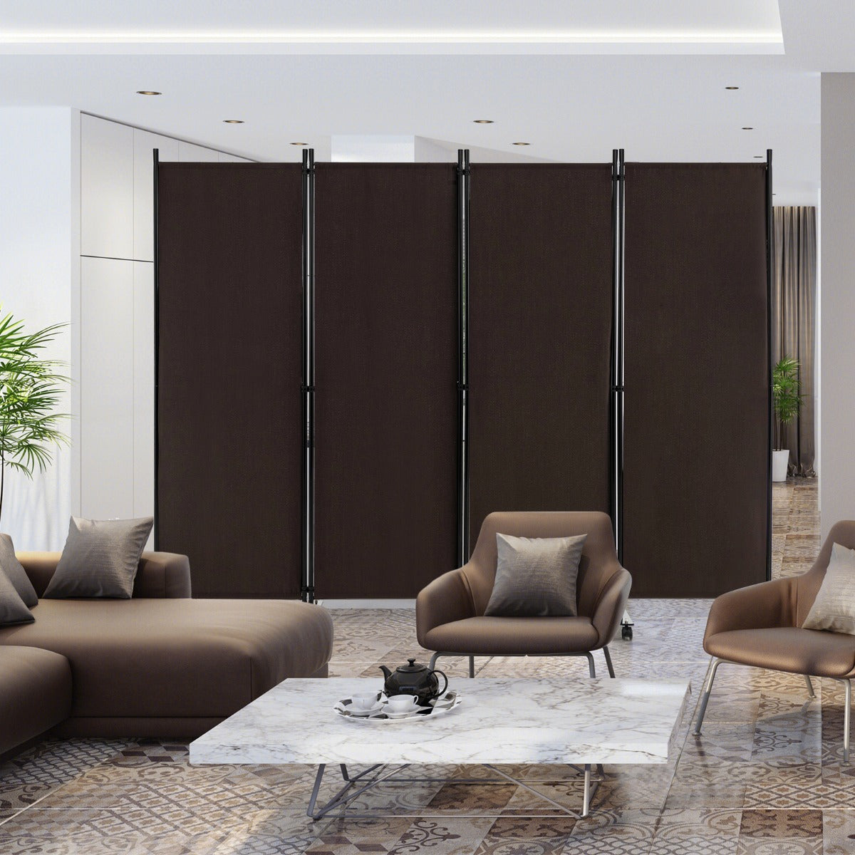 1.73m 4-Panel Folding Room Divider with Lockable Wheels-Brown