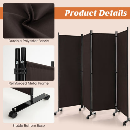1.73m 4-Panel Folding Room Divider with Lockable Wheels-Brown