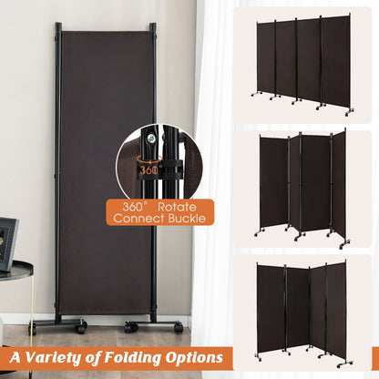 1.73m 4-Panel Folding Room Divider with Lockable Wheels-Brown