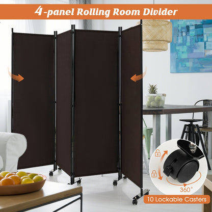 1.73m 4-Panel Folding Room Divider with Lockable Wheels-Brown