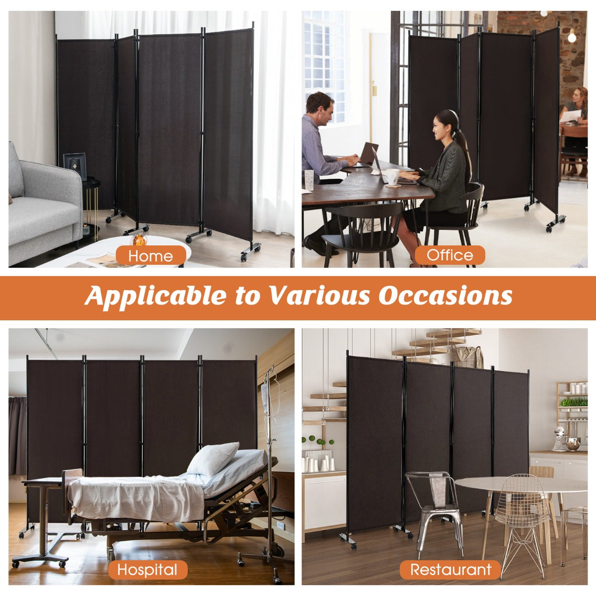 1.73m 4-Panel Folding Room Divider with Lockable Wheels-Brown