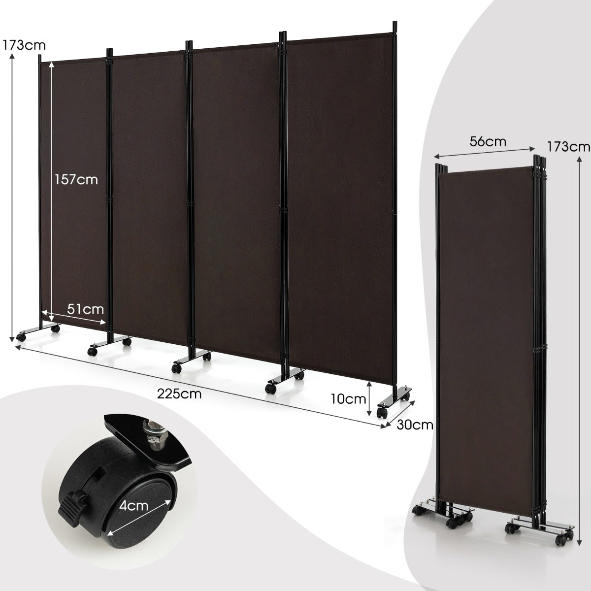 1.73m 4-Panel Folding Room Divider with Lockable Wheels-Brown