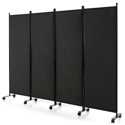 1.73m 4-Panel Folding Room Divider with Lockable Wheels-Black