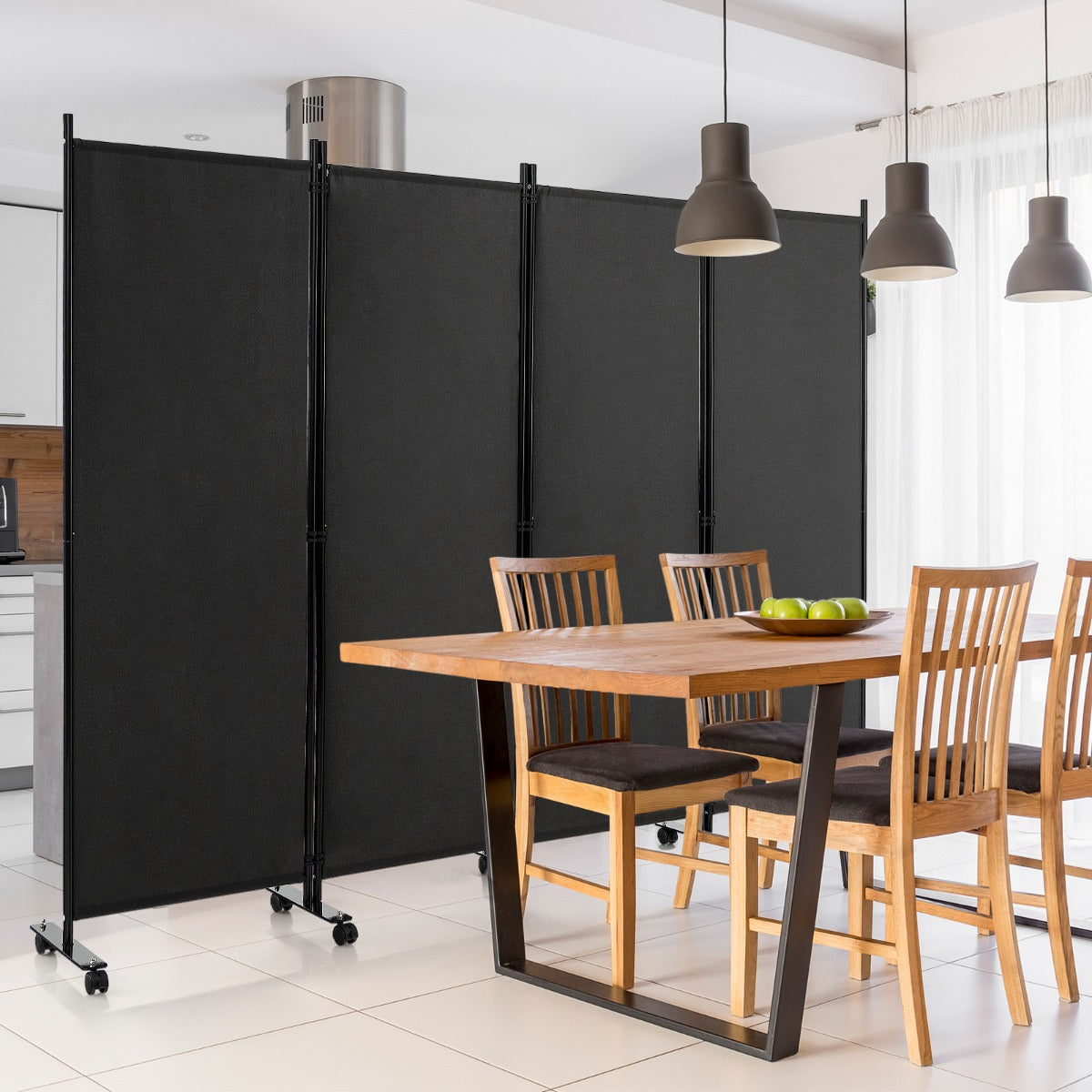 1.73m 4-Panel Folding Room Divider with Lockable Wheels-Black