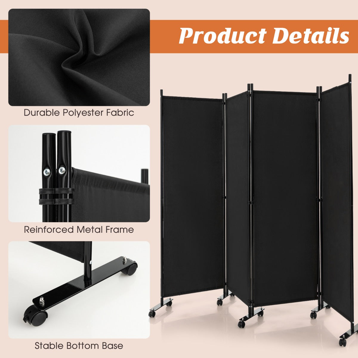 1.73m 4-Panel Folding Room Divider with Lockable Wheels-Black
