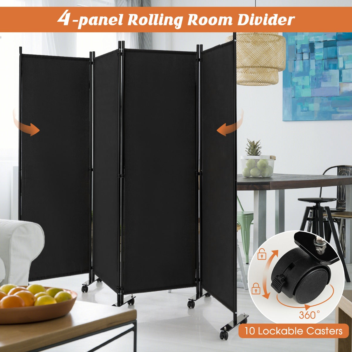 1.73m 4-Panel Folding Room Divider with Lockable Wheels-Black