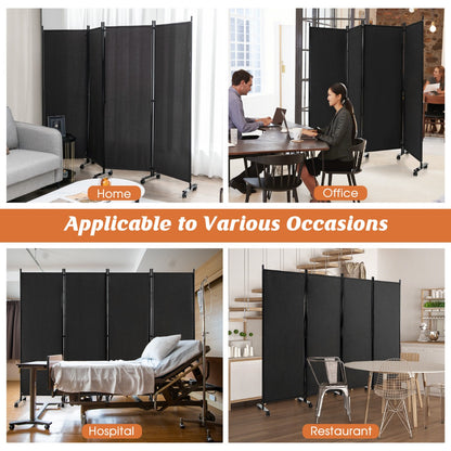 1.73m 4-Panel Folding Room Divider with Lockable Wheels-Black
