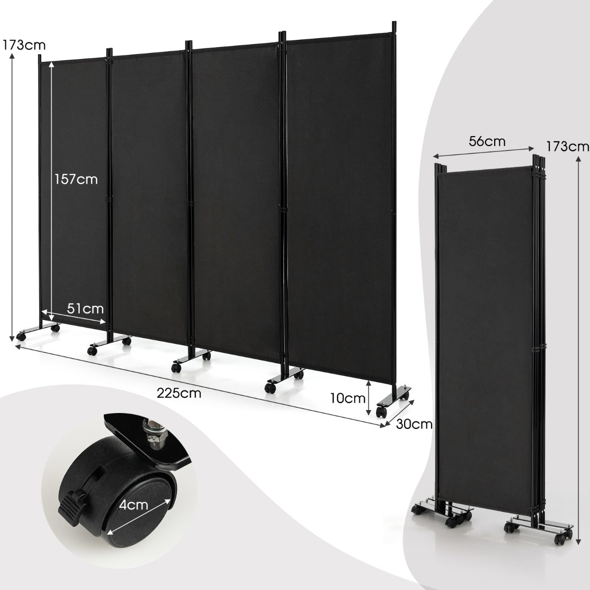 1.73m 4-Panel Folding Room Divider with Lockable Wheels-Black