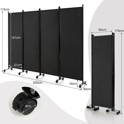 1.73m 4-Panel Folding Room Divider with Lockable Wheels-Black