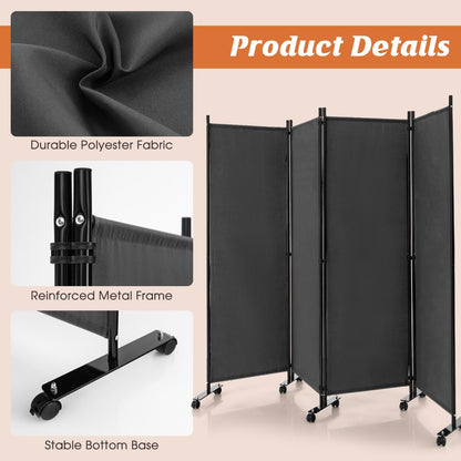 1.73m 4-Panel Folding Room Divider with Lockable Wheels-Grey