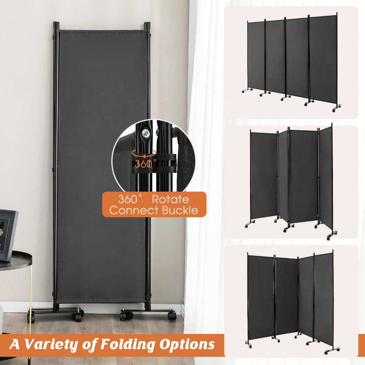 1.73m 4-Panel Folding Room Divider with Lockable Wheels-Grey