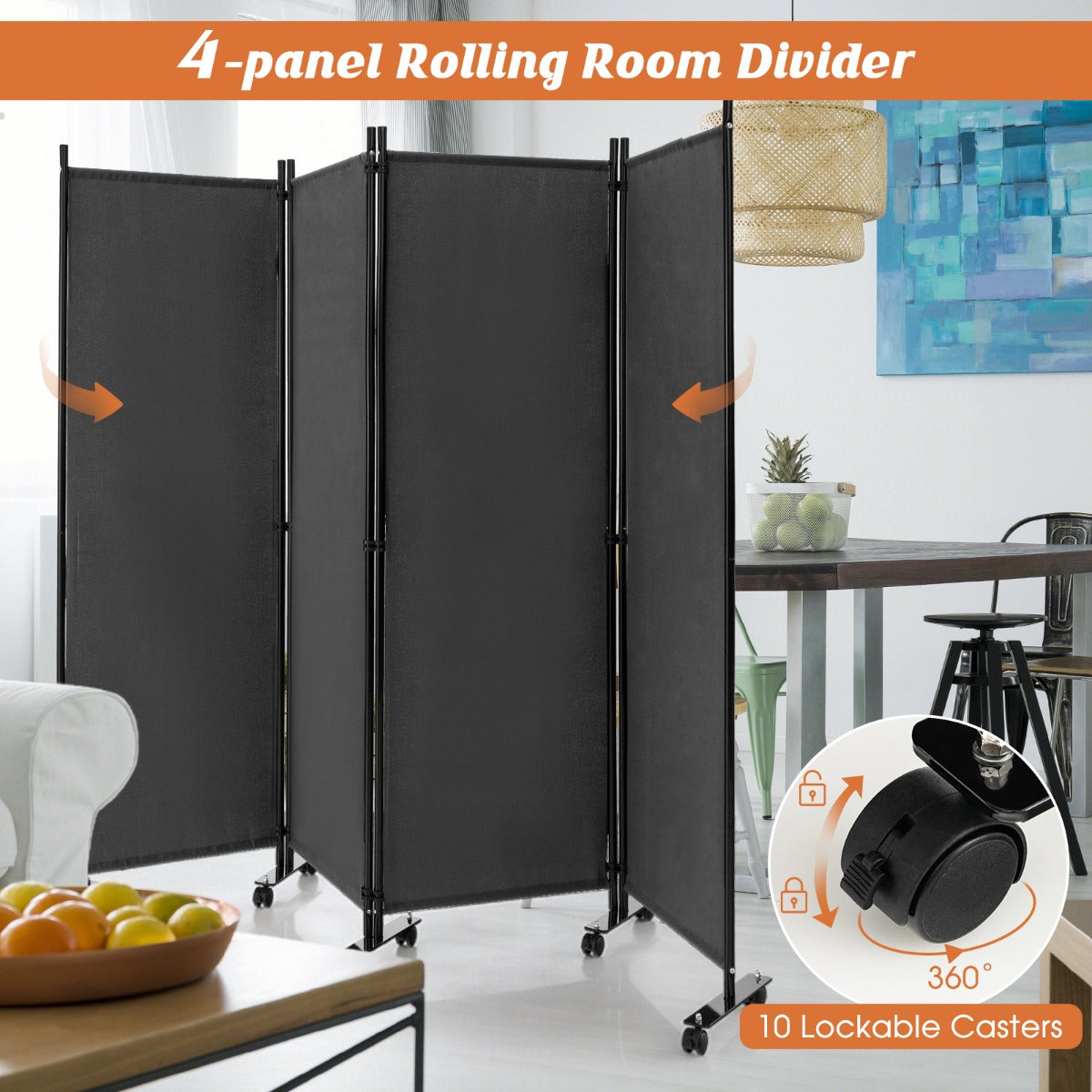 1.73m 4-Panel Folding Room Divider with Lockable Wheels-Grey