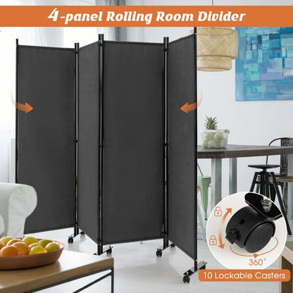 1.73m 4-Panel Folding Room Divider with Lockable Wheels-Grey