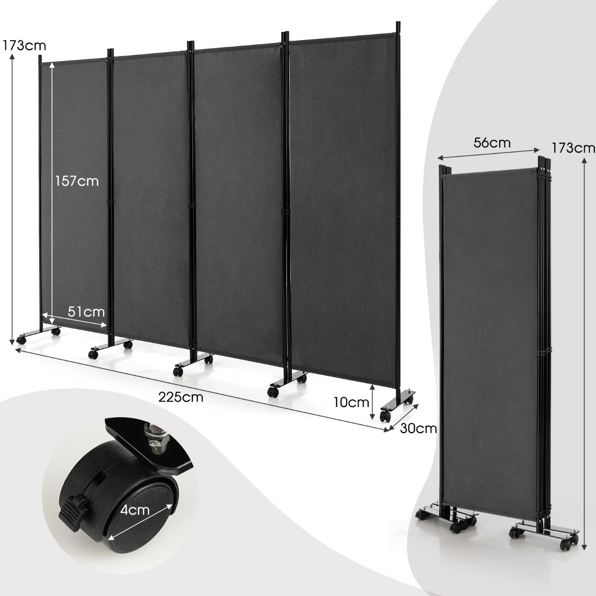 1.73m 4-Panel Folding Room Divider with Lockable Wheels-Grey