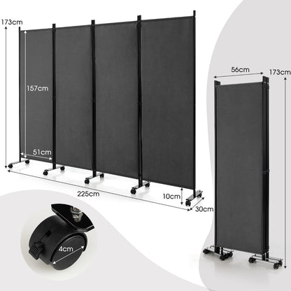 1.73m 4-Panel Folding Room Divider with Lockable Wheels-Grey