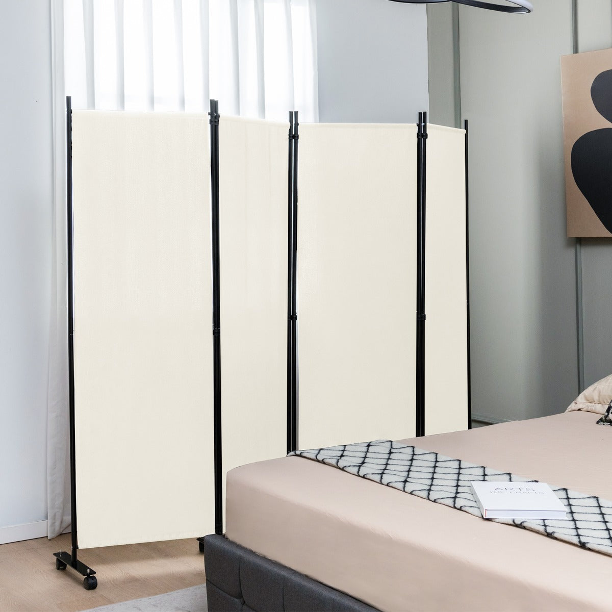 1.73m 4-Panel Folding Room Divider with Lockable Wheels-White