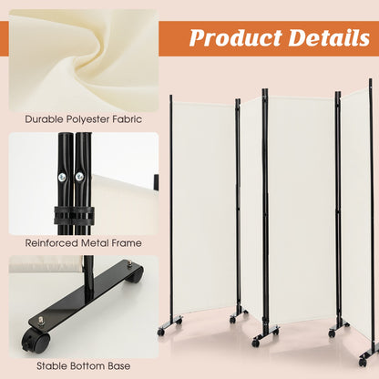 1.73m 4-Panel Folding Room Divider with Lockable Wheels-White