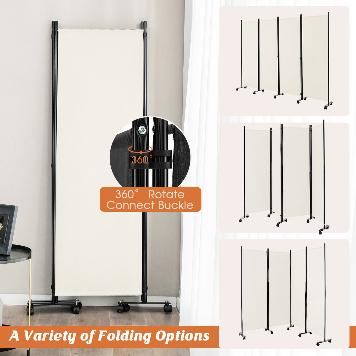 1.73m 4-Panel Folding Room Divider with Lockable Wheels-White