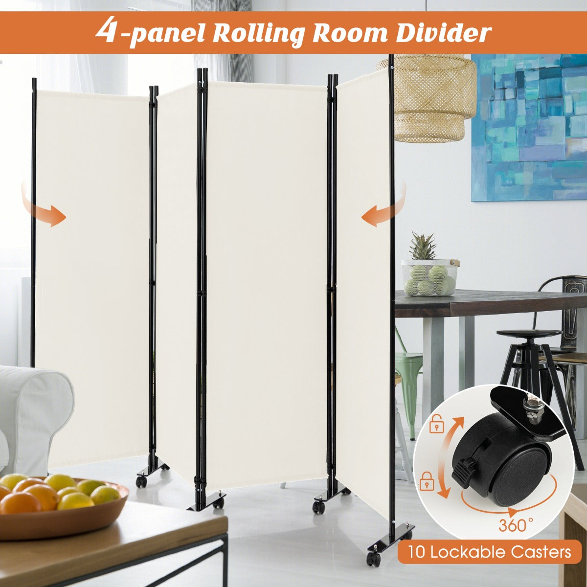 1.73m 4-Panel Folding Room Divider with Lockable Wheels-White