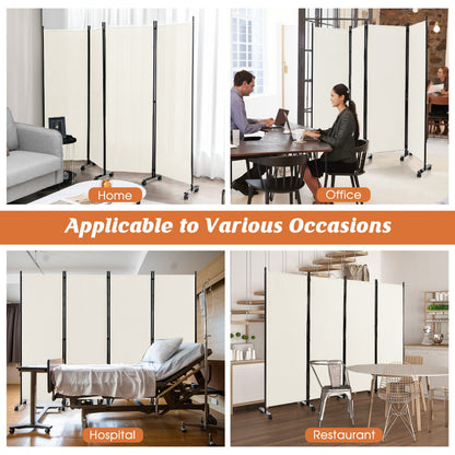 1.73m 4-Panel Folding Room Divider with Lockable Wheels-White