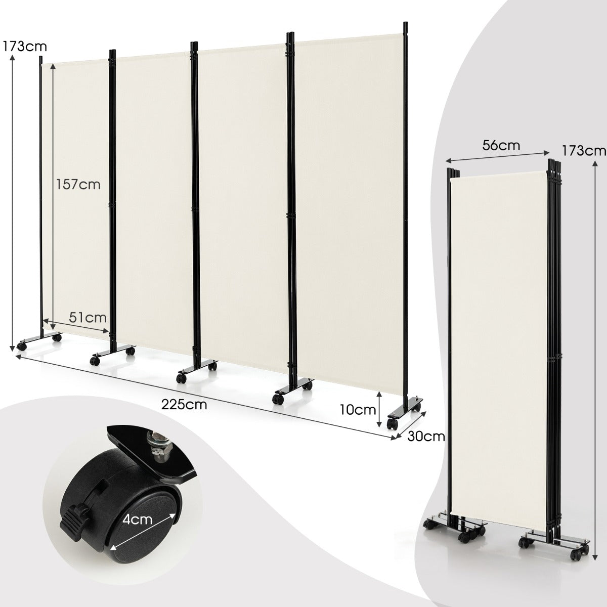 1.73m 4-Panel Folding Room Divider with Lockable Wheels-White