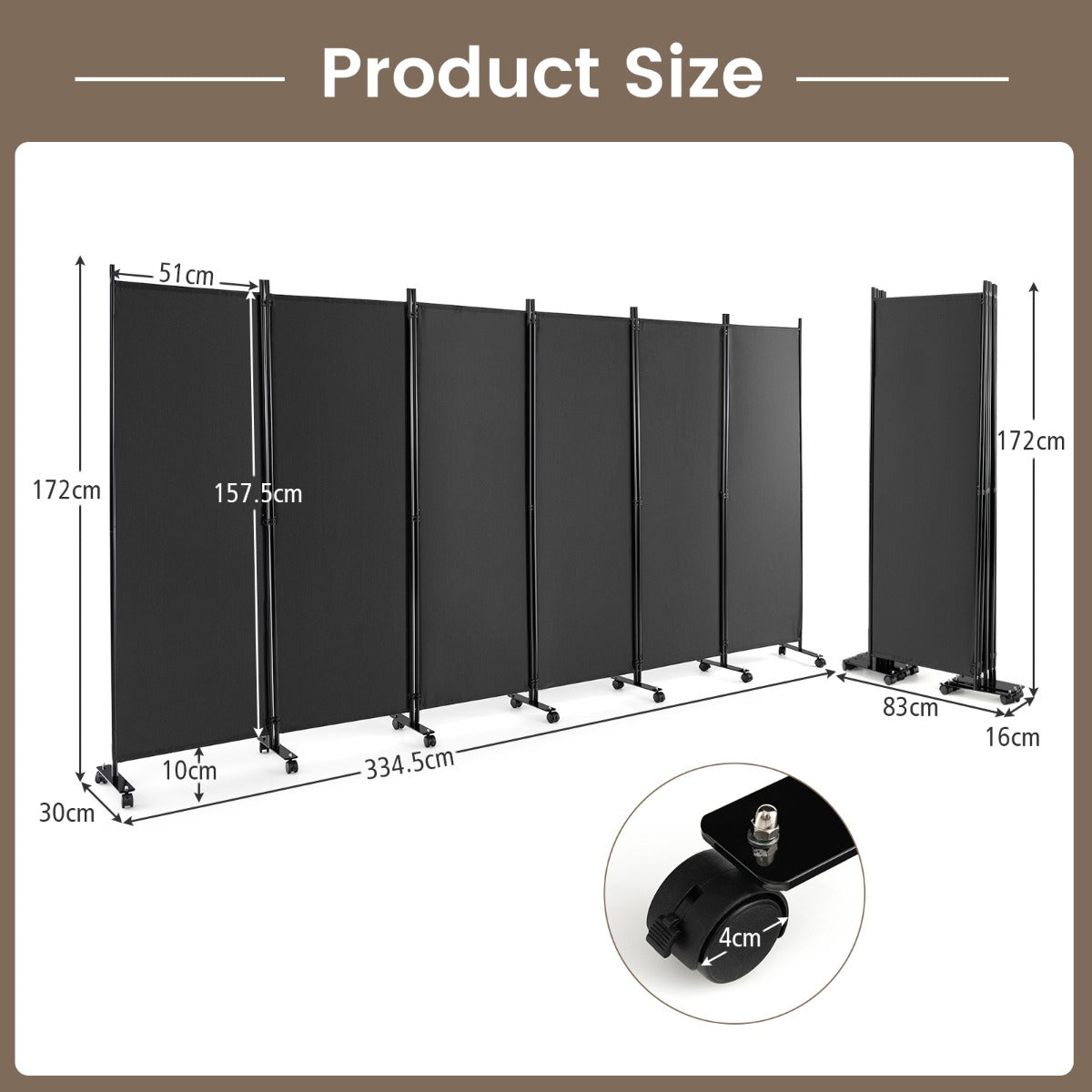 1.72m 6-Panel Folding Room Divider with Lockable Wheels-Grey