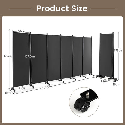 1.72m 6-Panel Folding Room Divider with Lockable Wheels-Grey