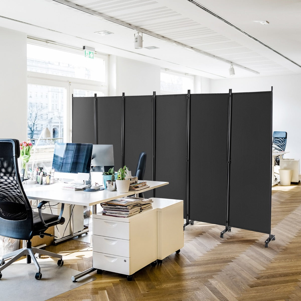 1.72m 6-Panel Folding Room Divider with Lockable Wheels-Grey