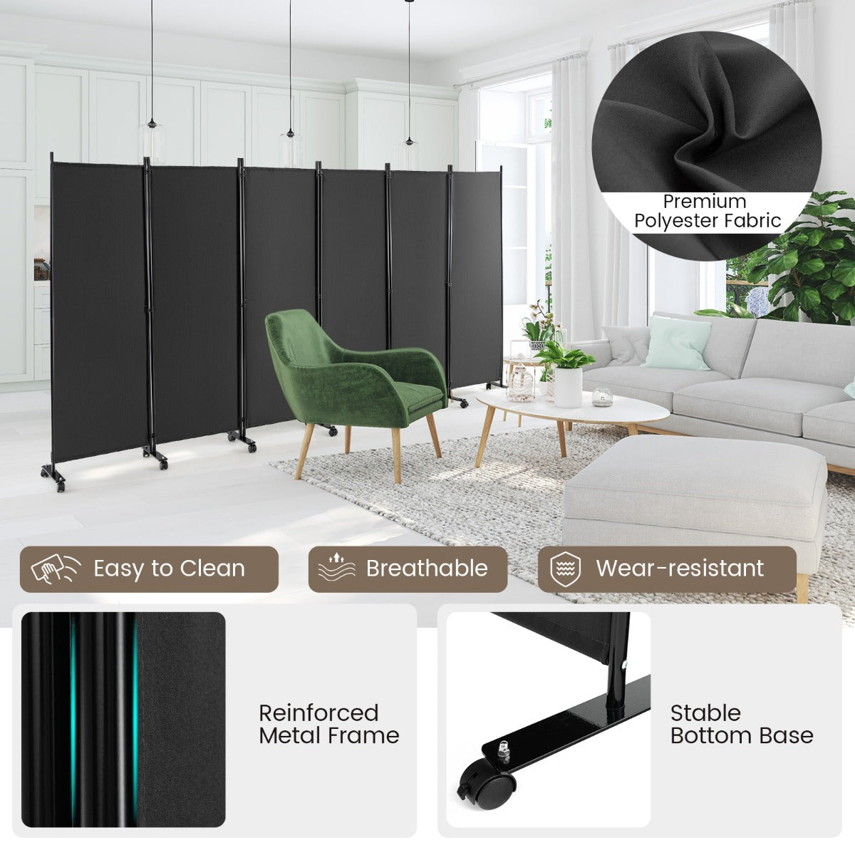1.72m 6-Panel Folding Room Divider with Lockable Wheels-Grey