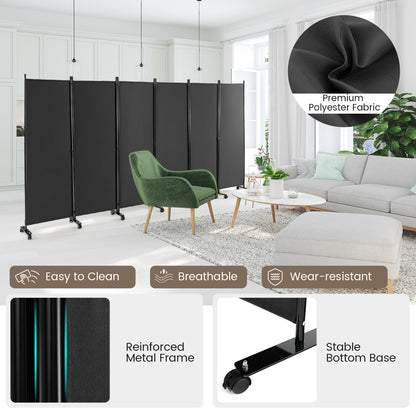 1.72m 6-Panel Folding Room Divider with Lockable Wheels-Grey