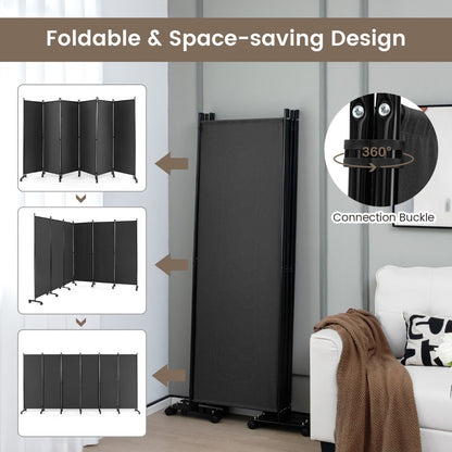 1.72m 6-Panel Folding Room Divider with Lockable Wheels-Grey