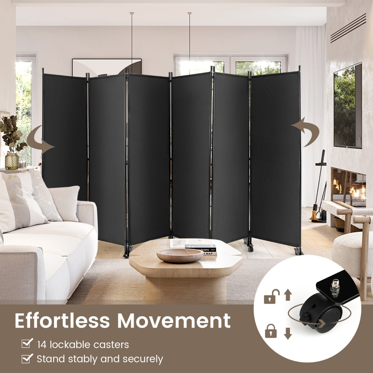 1.72m 6-Panel Folding Room Divider with Lockable Wheels-Grey
