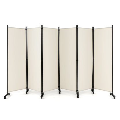 1.72m 6-Panel Folding Room Divider with Lockable Wheels-White