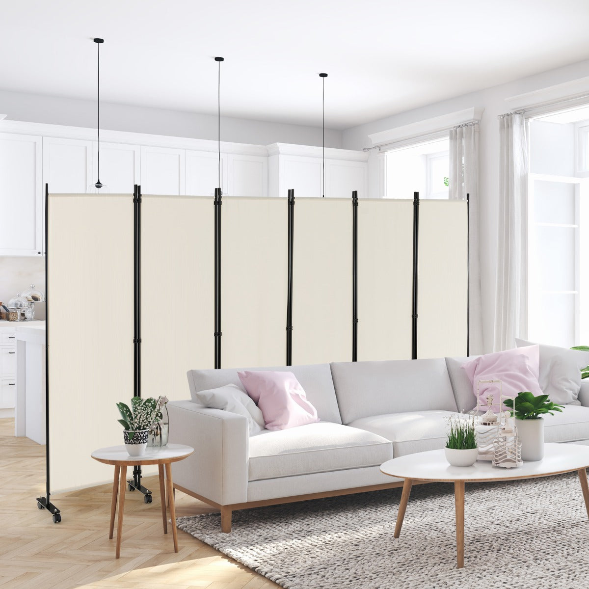 1.72m 6-Panel Folding Room Divider with Lockable Wheels-White