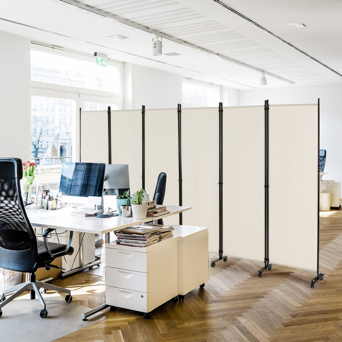1.72m 6-Panel Folding Room Divider with Lockable Wheels-White