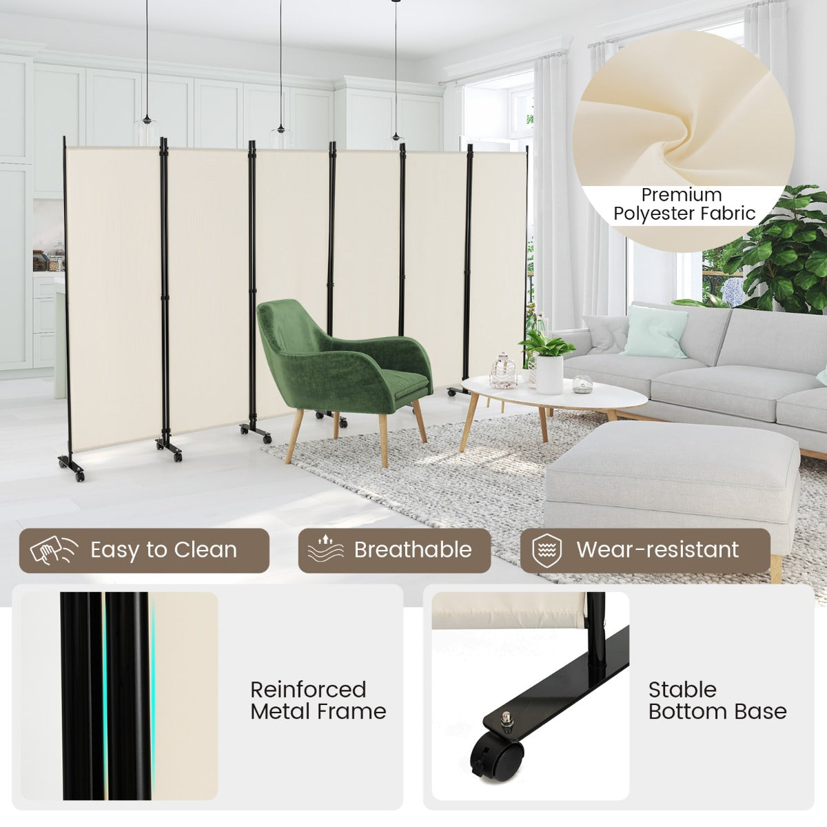 1.72m 6-Panel Folding Room Divider with Lockable Wheels-White