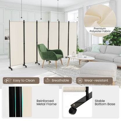 1.72m 6-Panel Folding Room Divider with Lockable Wheels-White