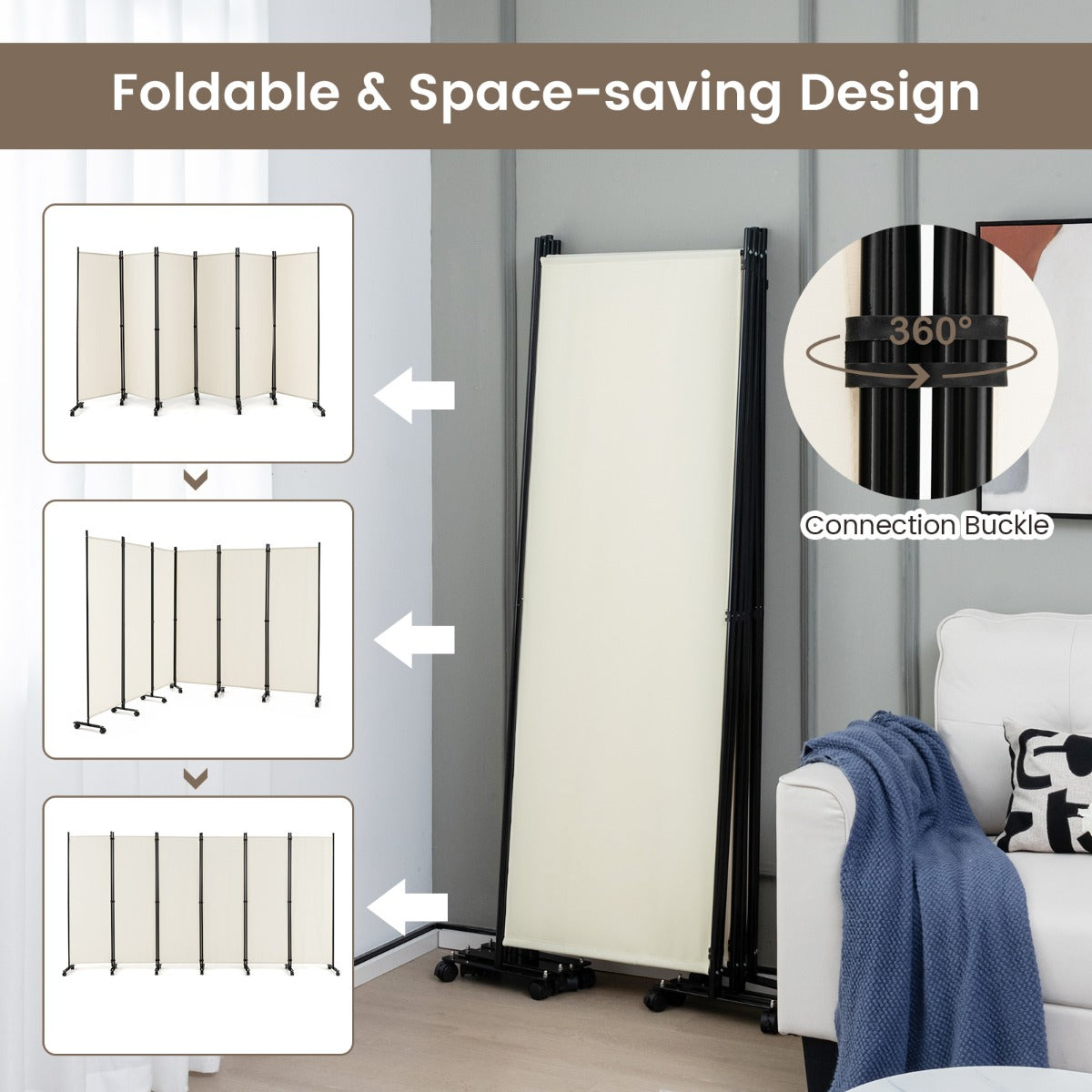 1.72m 6-Panel Folding Room Divider with Lockable Wheels-White
