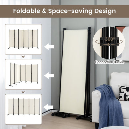 1.72m 6-Panel Folding Room Divider with Lockable Wheels-White
