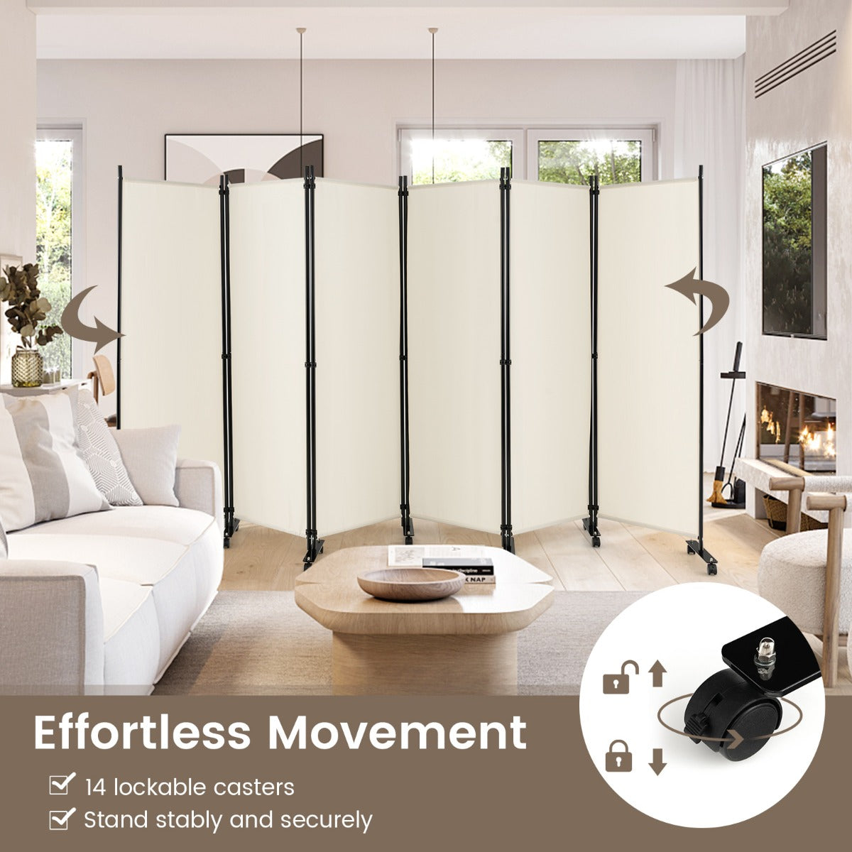 1.72m 6-Panel Folding Room Divider with Lockable Wheels-White