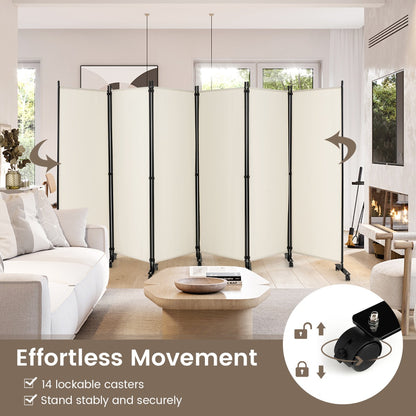 1.72m 6-Panel Folding Room Divider with Lockable Wheels-White