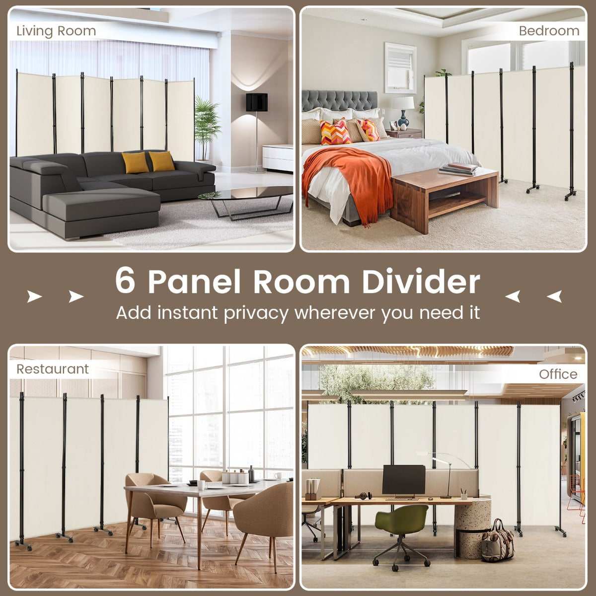 1.72m 6-Panel Folding Room Divider with Lockable Wheels-White