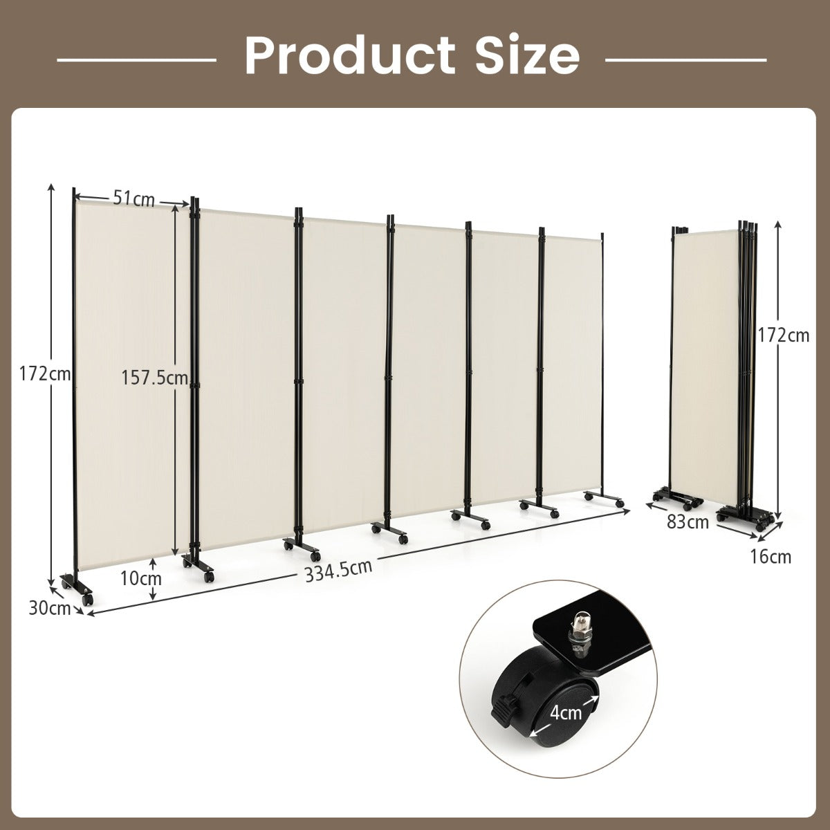 1.72m 6-Panel Folding Room Divider with Lockable Wheels-White