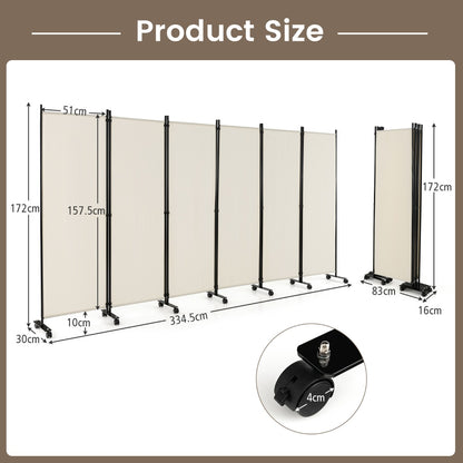 1.72m 6-Panel Folding Room Divider with Lockable Wheels-White