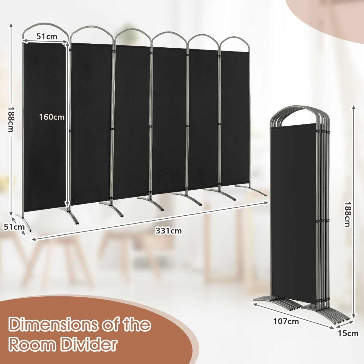 6 Panel Folding Privacy Screen for Home and Office-Black