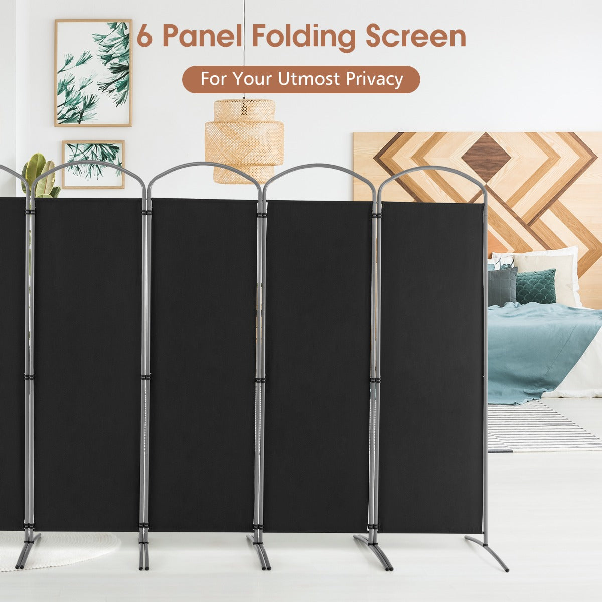 6 Panel Folding Privacy Screen for Home and Office-Black