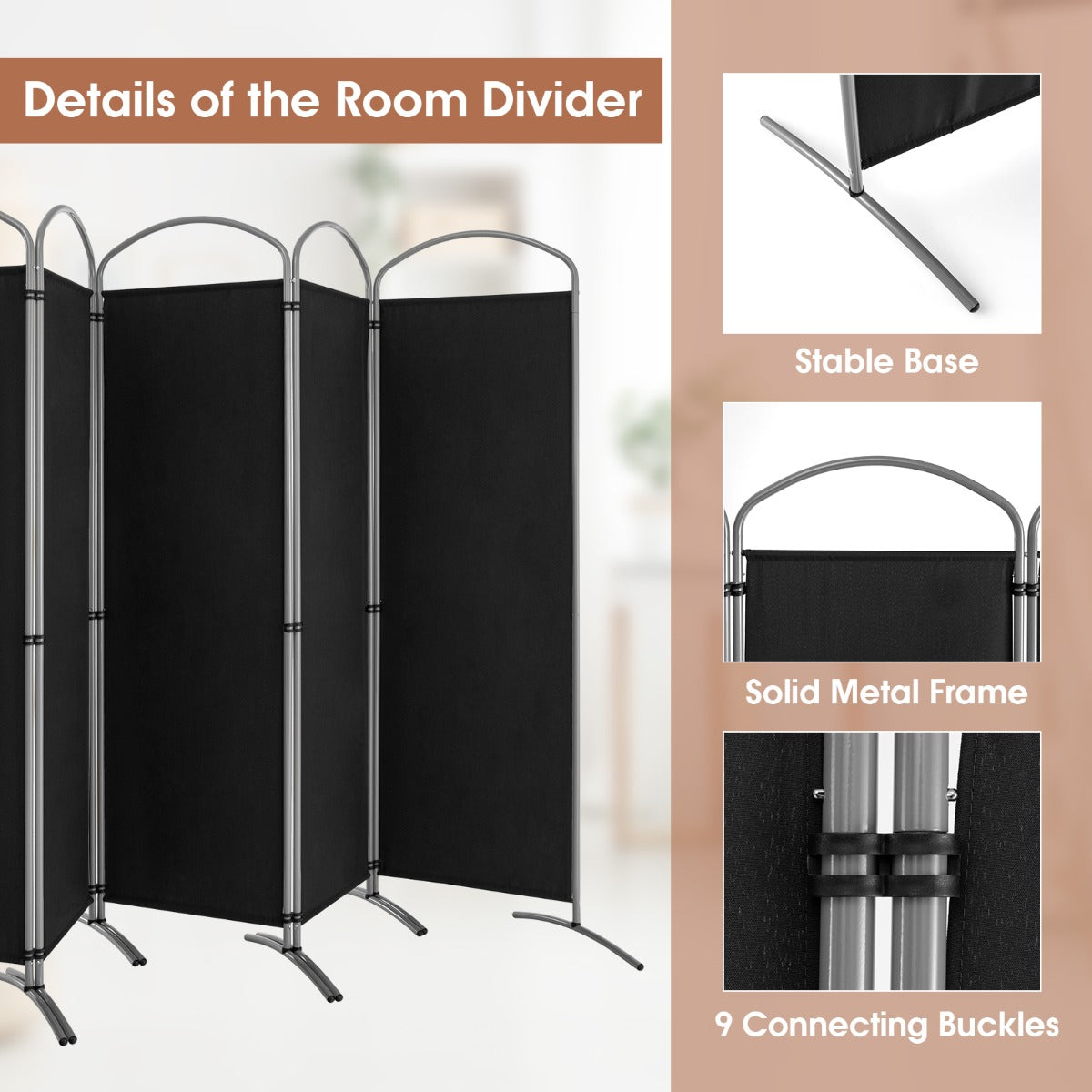 6 Panel Folding Privacy Screen for Home and Office-Black