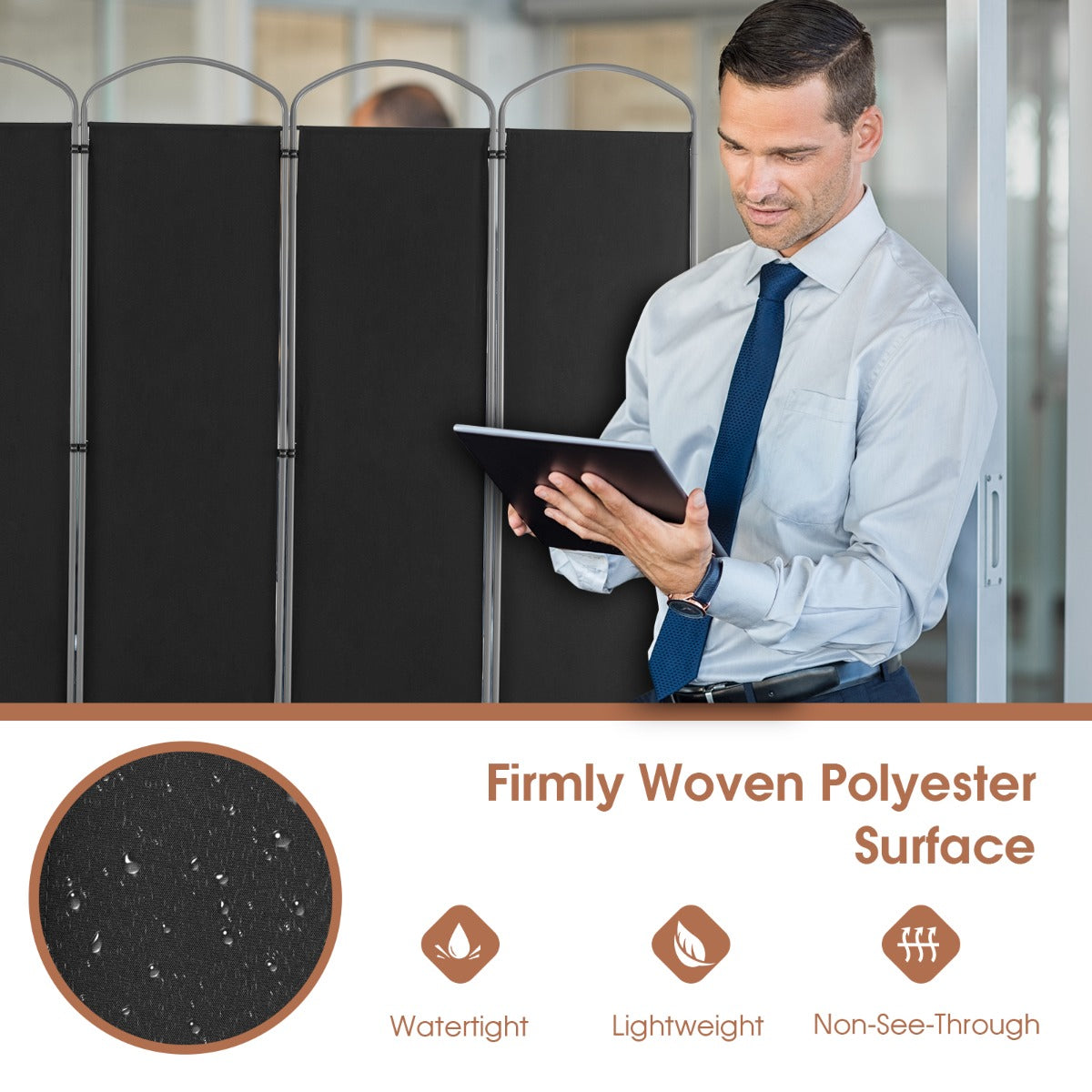 6 Panel Folding Privacy Screen for Home and Office-Black