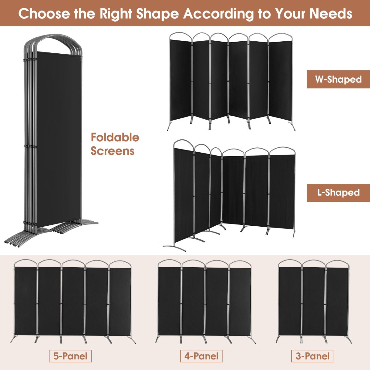 6 Panel Folding Privacy Screen for Home and Office-Black