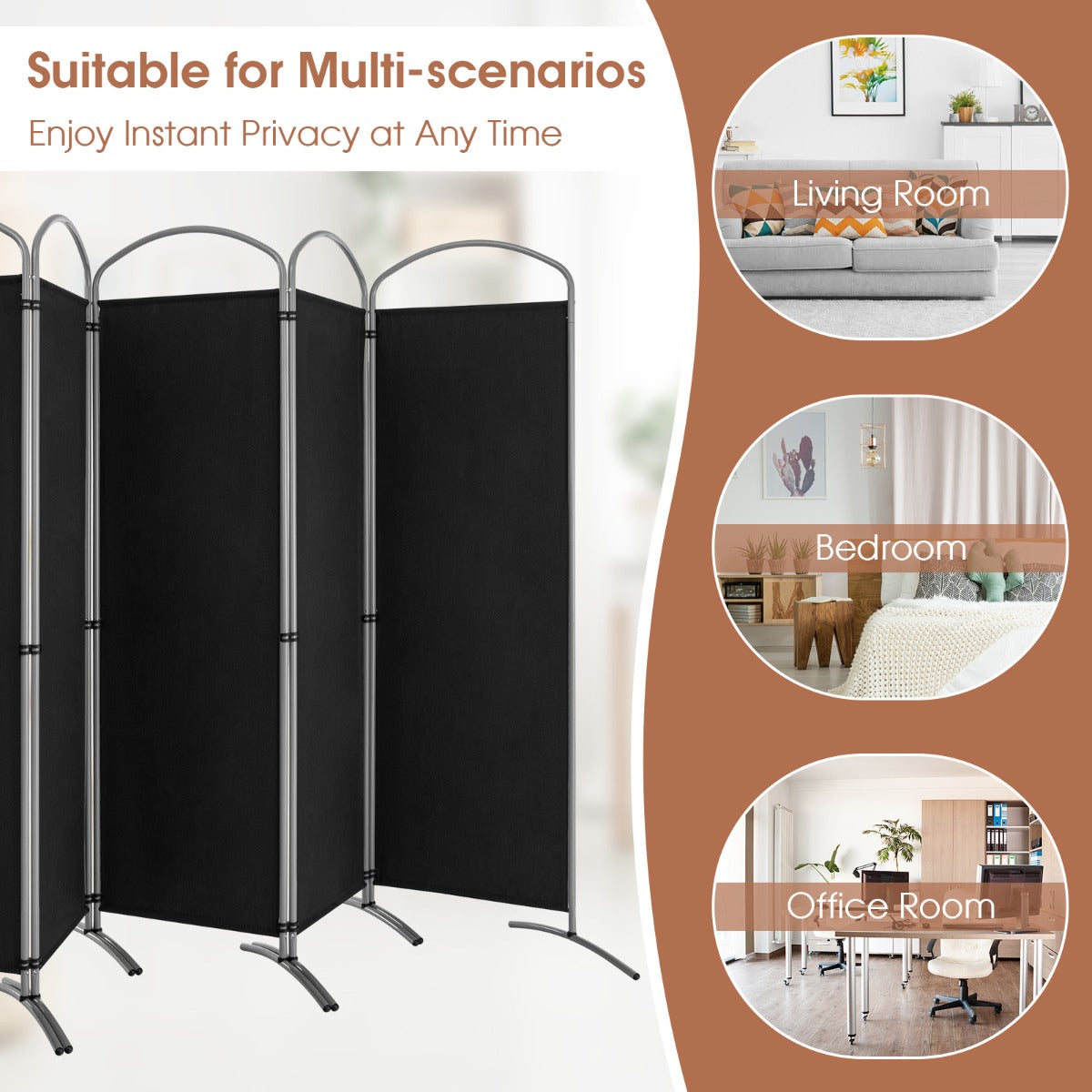 6 Panel Folding Privacy Screen for Home and Office-Black